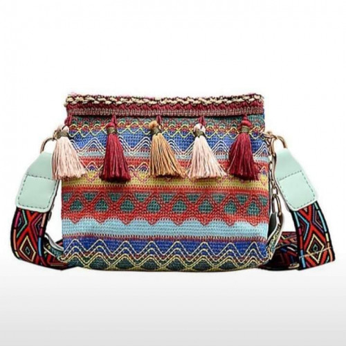 Women's Tapestry Crossbody Bag - Tassel Trim / Woven-Look Strap