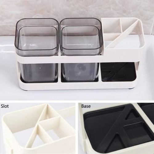 ON GATE Plastic Toothpaste Stand Holder With 2 Cups Use As Kitchen/Bathroom Storage Organizer (White,Twin)