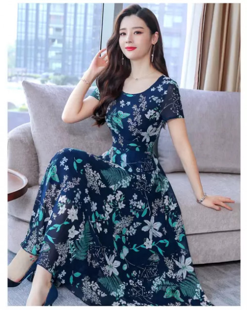 Floral long dress Women Evening Dress Short Sleeve