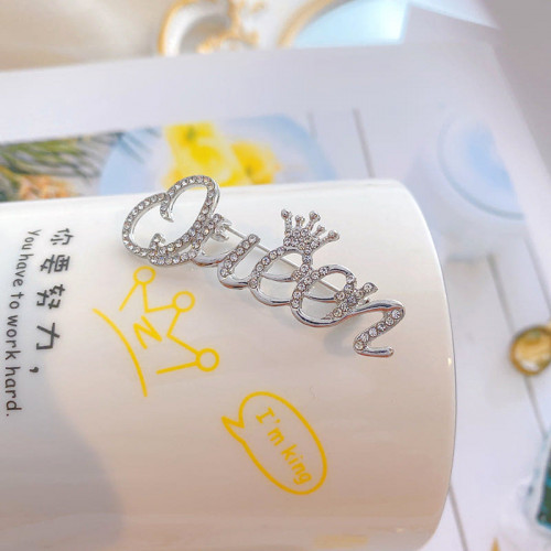 Littlegroot Fashion Women Rhinestone Queen Letter Crown Shape Decor Brooch Pin Jewelry