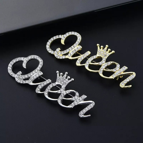 Littlegroot Fashion Women Rhinestone Queen Letter Crown Shape Decor Brooch Pin Jewelry