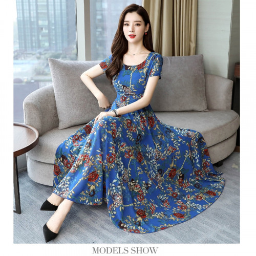 Women Summer Fashion Flower Printing Thin Waist Short Sleeve A-line Long Dress