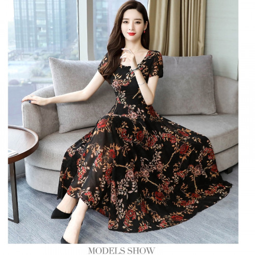 Women Summer Fashion Flower Printing Thin Waist Short Sleeve A-line Long Dress