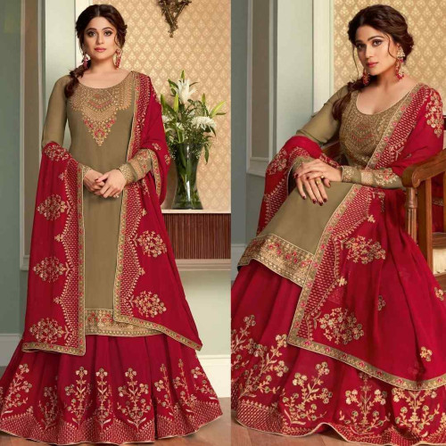 Olive Green And Red Embroidered Lehenga Style Suit