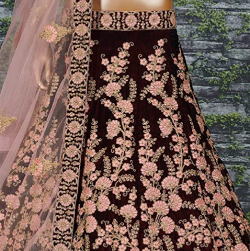 Women's Embroidered Velvet Bridal Wear Lehenga Choli and Pastel Pink Dupatta (7063, Maroon, Free Size)
