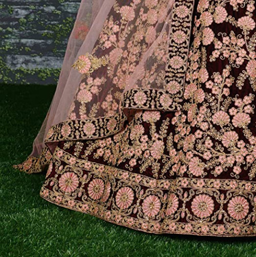 Women's Embroidered Velvet Bridal Wear Lehenga Choli and Pastel Pink Dupatta (7063, Maroon, Free Size)