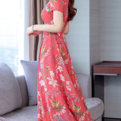 China Stylish Round Neck Printed Maxi Dress 