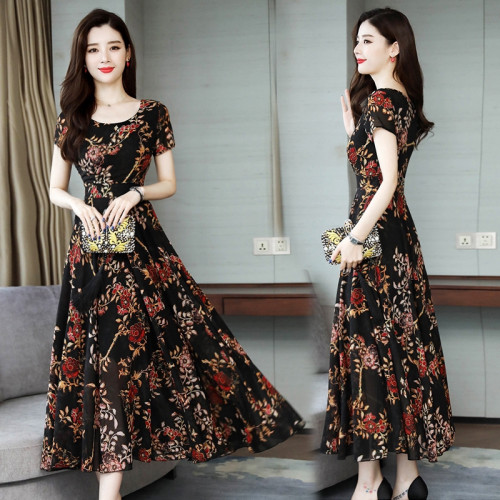 Women Summer Fashion Flower Printing Thin Waist Short Sleeve A-line Long Dress