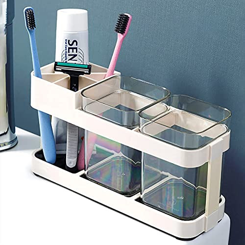 ON GATE Plastic Toothpaste Stand Holder With 2 Cups Use As Kitchen/Bathroom Storage Organizer (White,Twin)