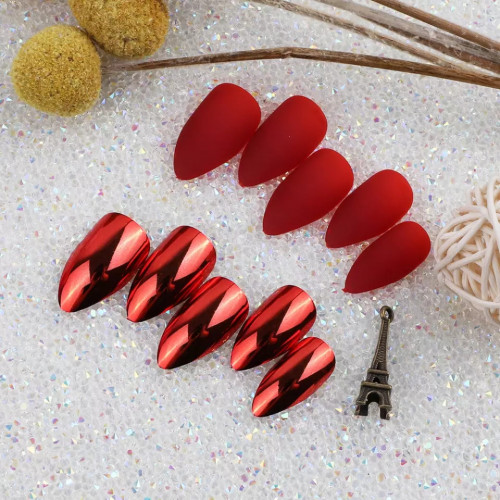 24 Pcs Fake Nails Matte and Metal Plating Reflective Mirror Nail with Glue Nail Tips 