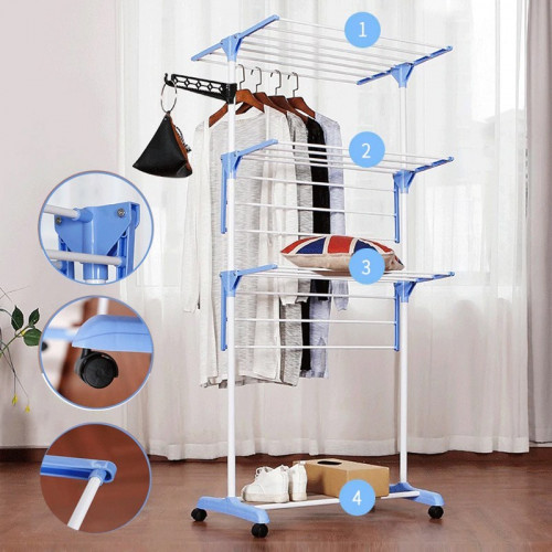 3 Tier Foldable Drying Rack Cloth Laundry Hanger - Silver And Blue