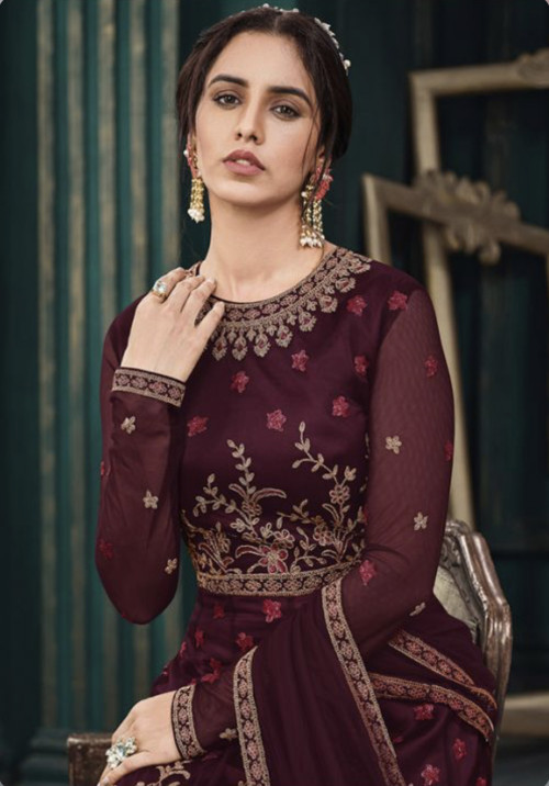 Dark Wine Designer Embroidered Net Wedding Anarkali Gown