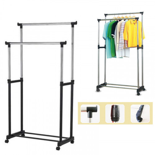 Double pole telescopic foldable clothes rack