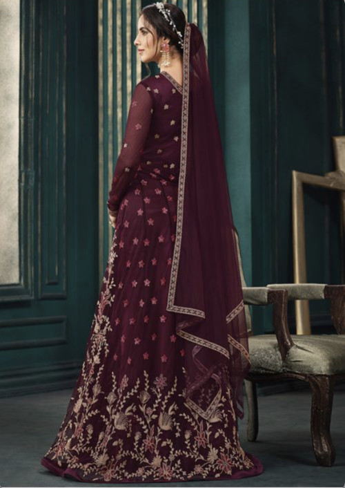 Dark Wine Designer Embroidered Net Wedding Anarkali Gown