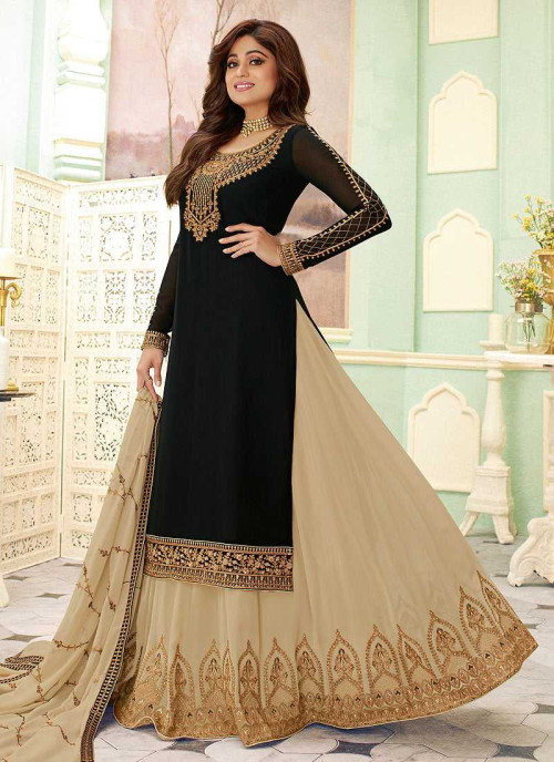 Black and Gold Embroidered Lehenga Style Anarkali Suit
