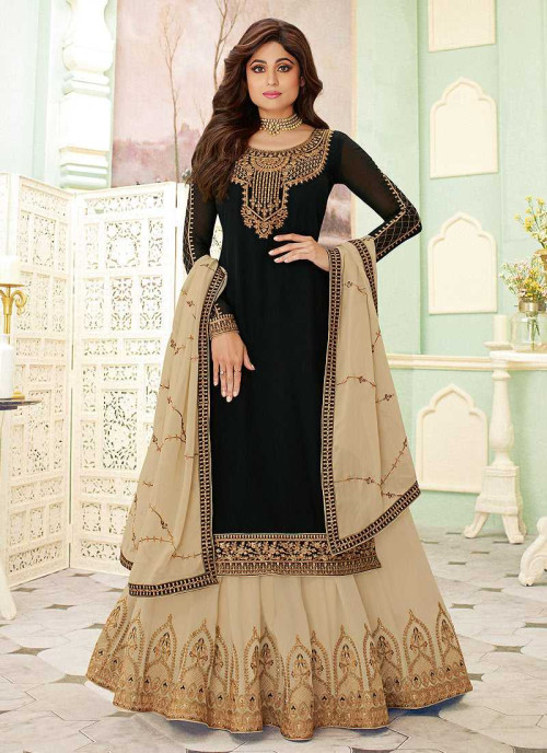 Black and Gold Embroidered Lehenga Style Anarkali Suit