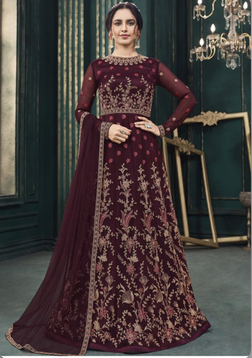 Dark Wine Designer Embroidered Net Wedding Anarkali Gown