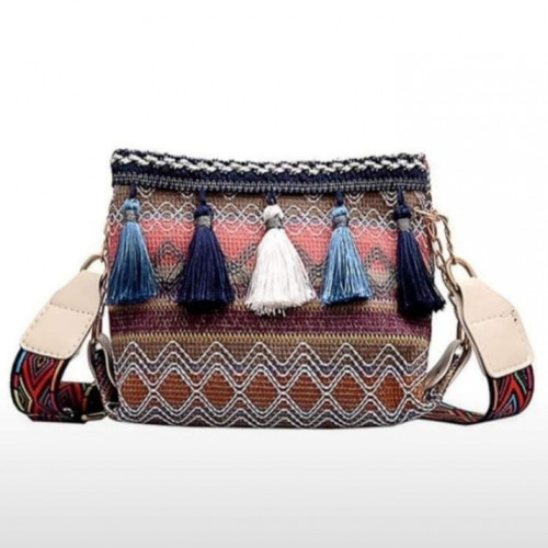 Women's Tapestry Crossbody Bag - Tassel Trim / Woven-Look Strap