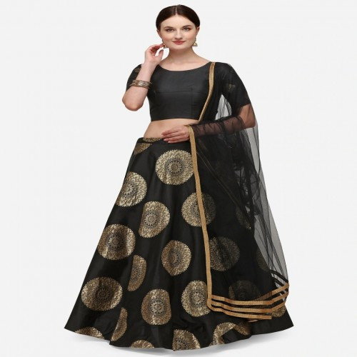 Black Banarasi Silk A-Line Printed Lehenga