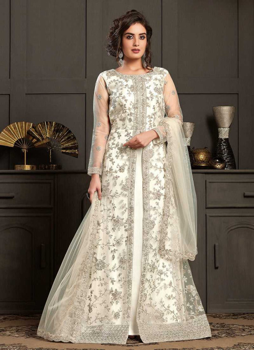 Off White Heavy Embroidered Jacket Style Anarkali Suit