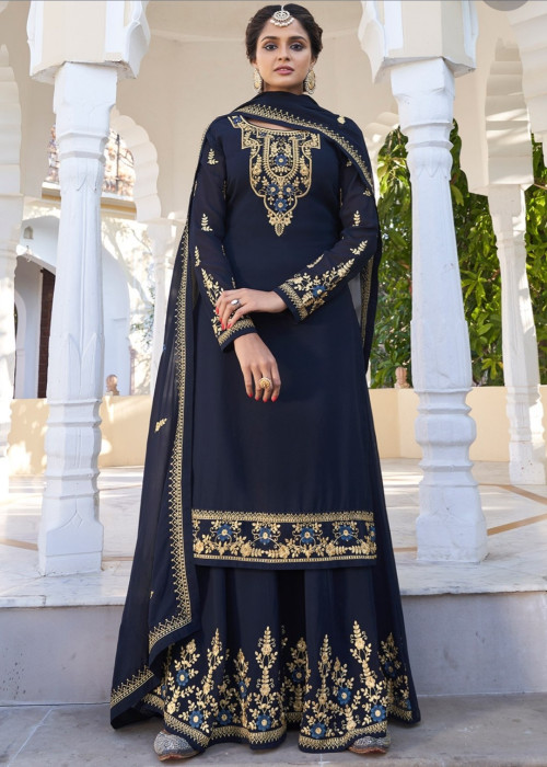 Navy Blue Georgette Embroidered Palazzo Suit