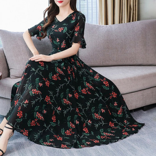 Summer Women Chiffon Dress Long Elegant Print Floral Party Dresses