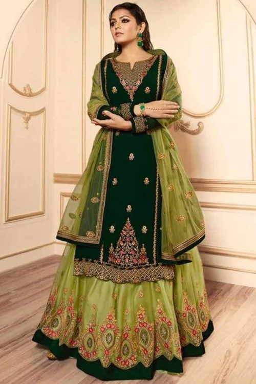 Dark Green Net Lehenga with Silk Choli