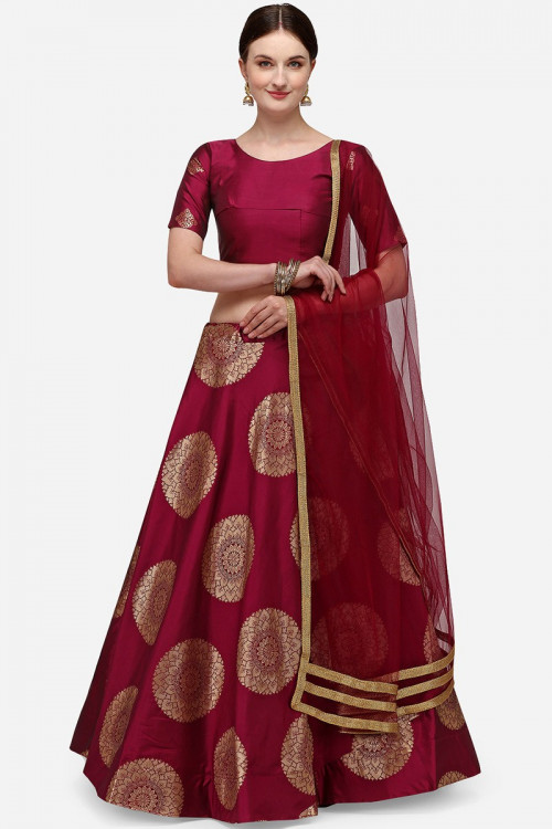 Dark Maroon Banarasi Silk Foil Printed Lehenga For Women 