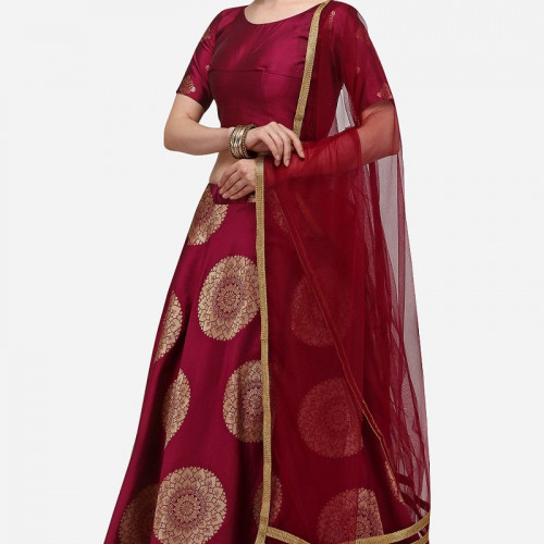 Dark Maroon Banarasi Silk Foil Printed Lehenga For Women 