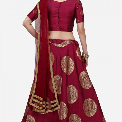 Dark Maroon Banarasi Silk Foil Printed Lehenga For Women 