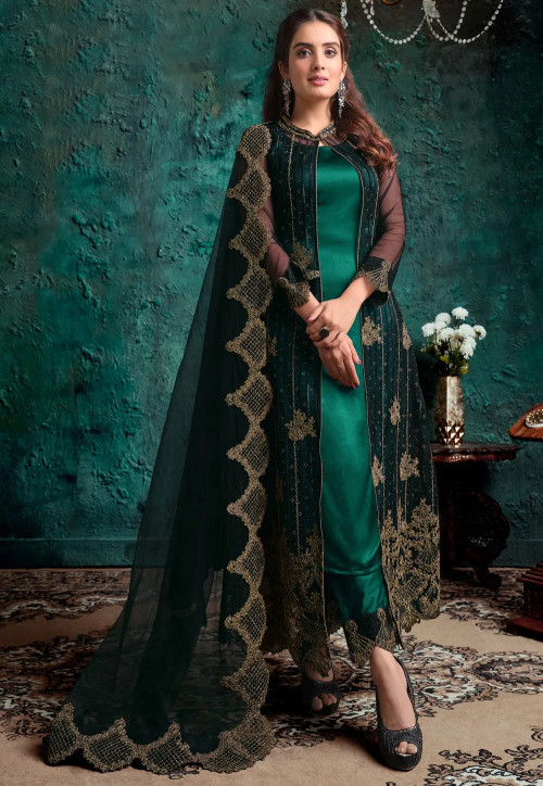 Embroidered Satin Pakistani Suit in Teal Green