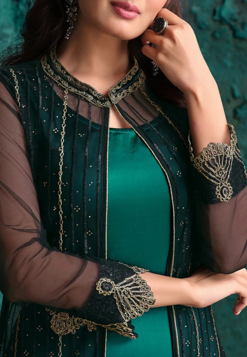 Embroidered Satin Pakistani Suit in Teal Green