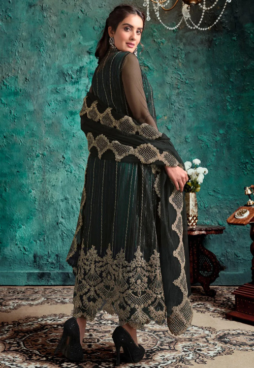 Embroidered Satin Pakistani Suit in Teal Green