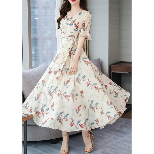 Summer Women Chiffon Dress Long Elegant Print Floral Party Dresses