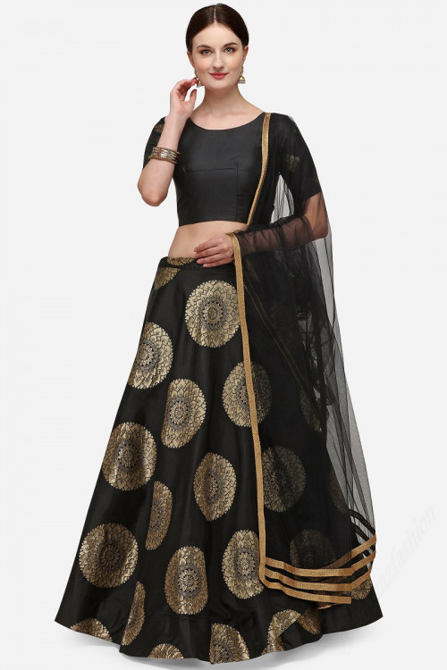 Black Banarasi Silk A-Line Printed Lehenga