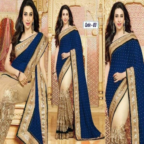 Midnight Blue and Peachpuff Georgette Saree