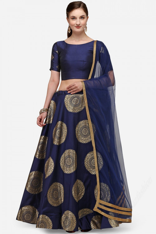 Navy Blue Banarasi Silk A-Line Printed Lehenga