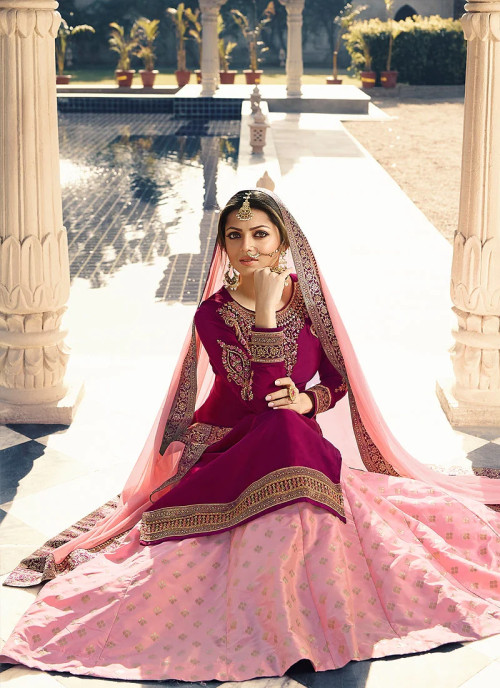 Pink Dual Tone Embroidered Lehenga Kurti Set