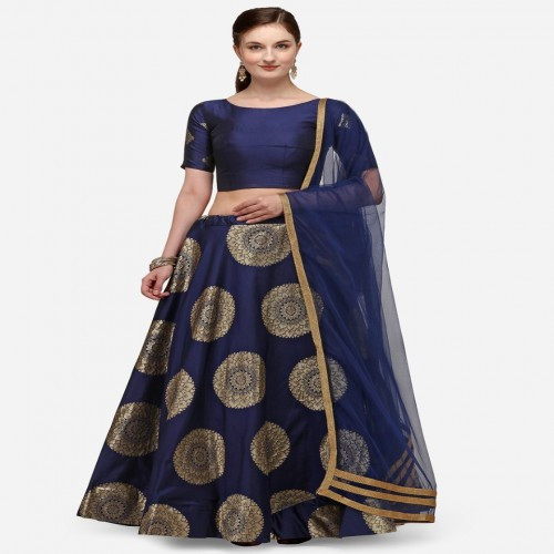 Navy Blue Banarasi Silk A-Line Printed Lehenga