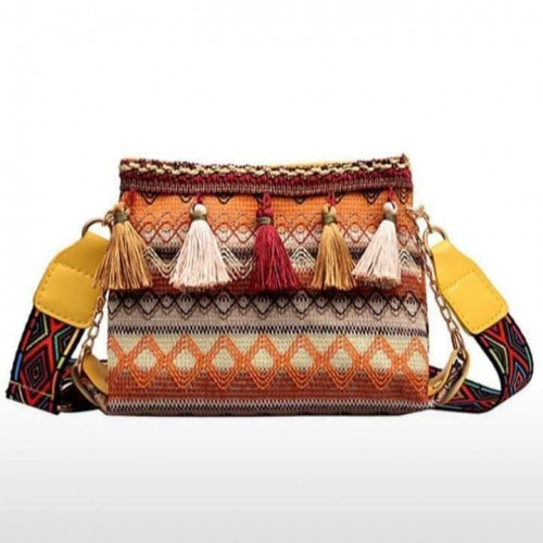 Women's Tapestry Crossbody Bag - Tassel Trim / Woven-Look Strap