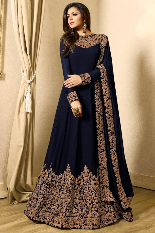 Georgette Navy Blue Anarkali Suit With Copper Dori Work